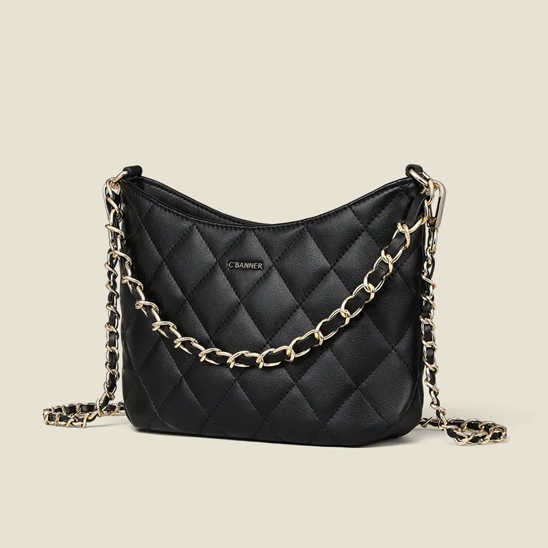 C°BANNER Top Grain Cow Leather One Shoulder Crossbody Chain Bucket Bag Regular Women's Black-1