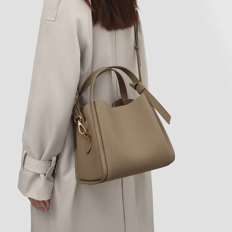 C°BANNER Split Cow Leather With Synthetic Leather One Shoulder Crossbody Handbag, Bucket Bag Women's Elephant Gray-2