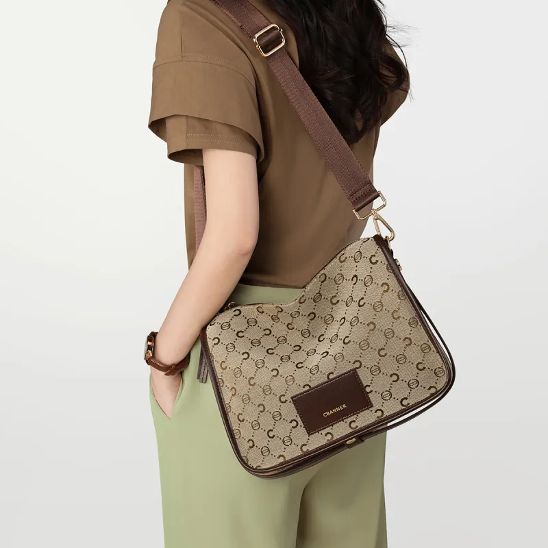 C°BANNER Fabric, Synthetic Leather One Shoulder Crossbody Pillow Bag Tubas Women's Khaki-4