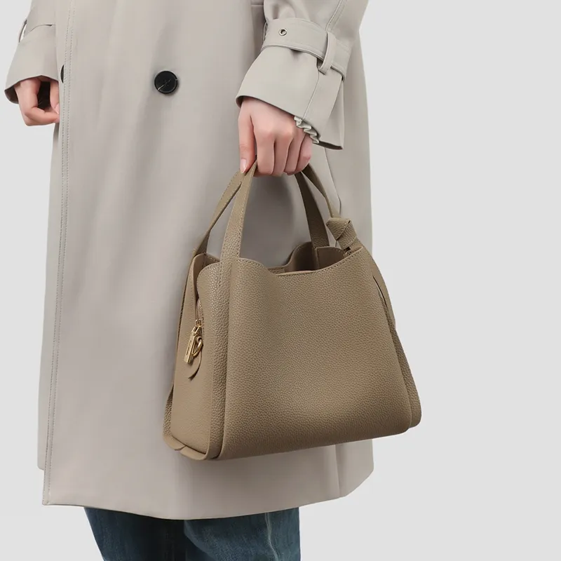 C°BANNER Split Cow Leather With Synthetic Leather One Shoulder Crossbody Handbag, Bucket Bag Women's Elephant Gray-4