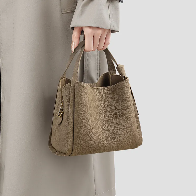 C°BANNER Split Cow Leather With Synthetic Leather One Shoulder Crossbody Handbag, Bucket Bag Women's Elephant Gray-1