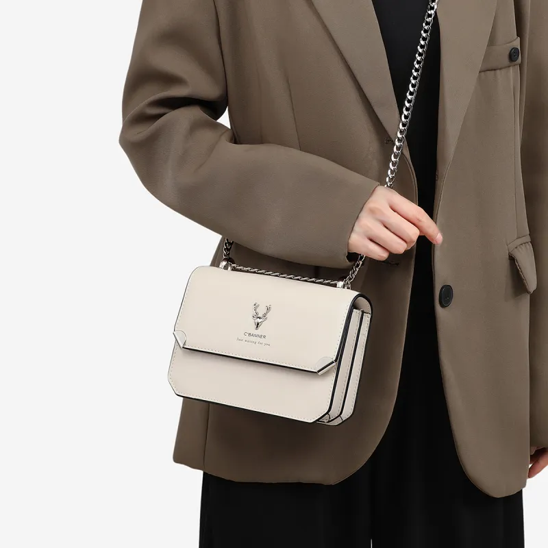 C°BANNER Cow Leather With Synthetic Leather Shoulder Bag, Crossbody Bag, Small Square Bag, Chain Bag Women's-2