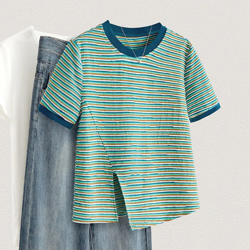 TOUCH T Shirt Women's Blue Green Stripes-6