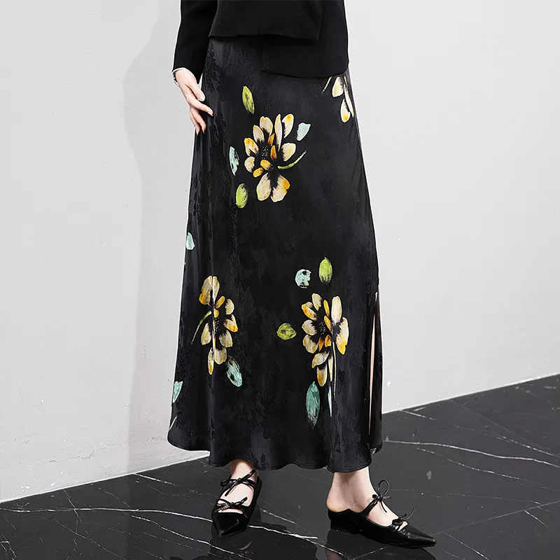 Cypress House Casual Long Skirt Women's Black Yellow Floral-6