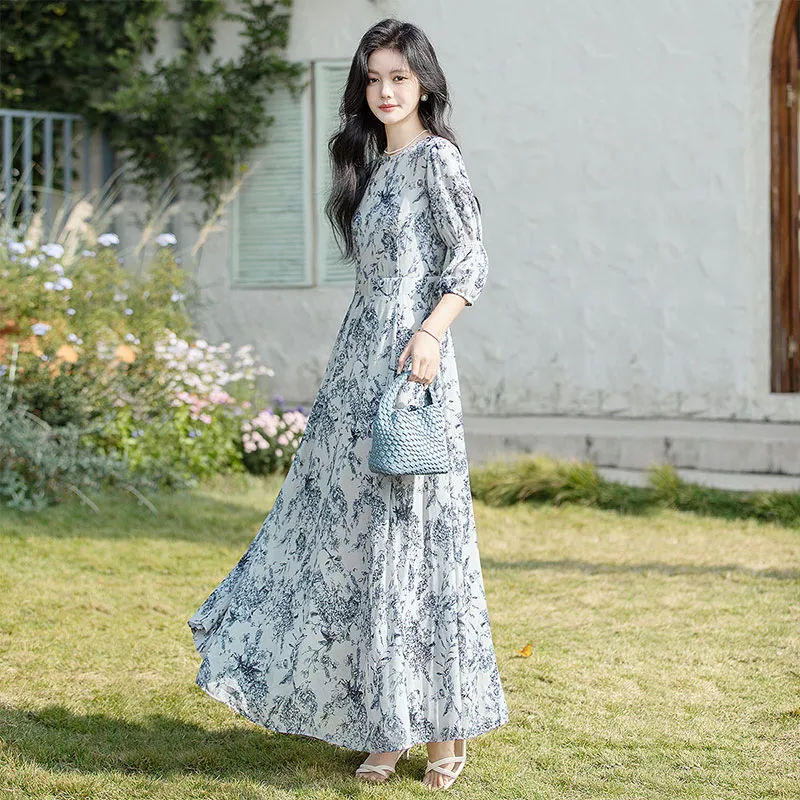 Cypress House Long Sleeved Dresses Women's Blue Floral-3