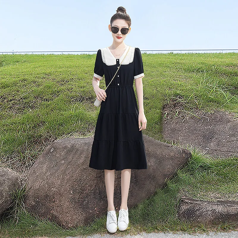 Cypress House Short Sleeved Dress Women's Black With Beige Collar-2