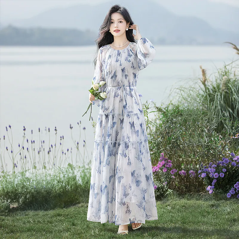 Cypress House Long Sleeved Dress Women's Blue Butterfly-2
