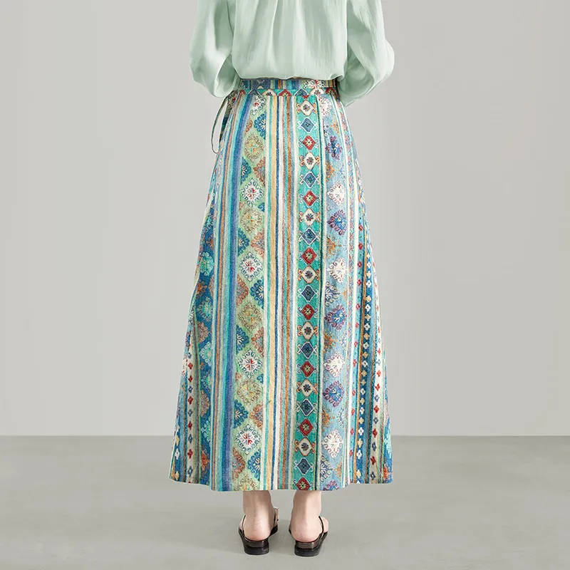 TOUCH Casual Long Skirt Women's Blue Green Multicolor-3