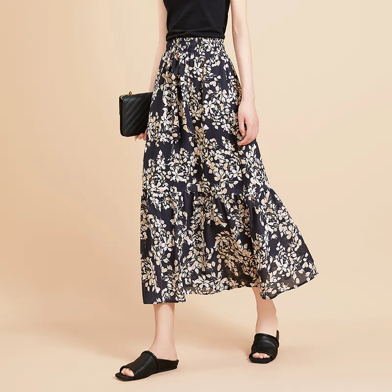 TOUCH Casual Long Skirt Women's Black Sole With Beige Coffee Floral-4