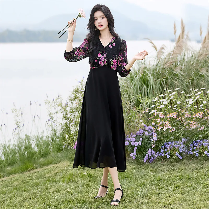 Cypress House Long Sleeved Dress Women's Black Pink Floral-1