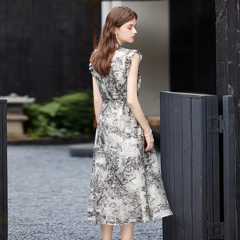 TOUCH Short Sleeved Dress Women's Beige With Black And Gray Painting-3