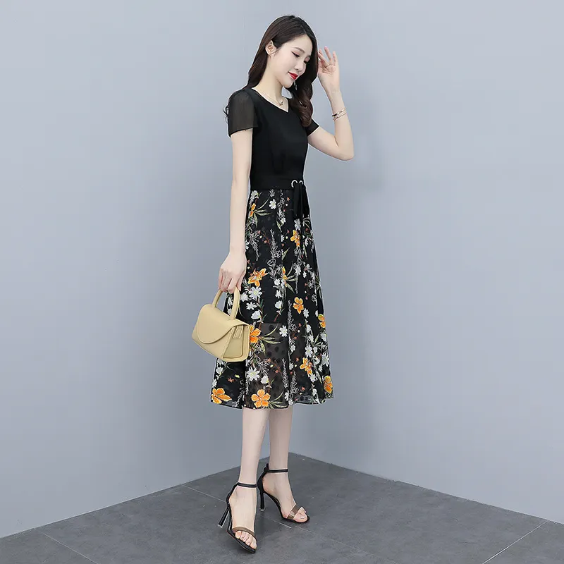 Cypress House Short Sleeved Dress Women's Black Top And Floral Bottom-6