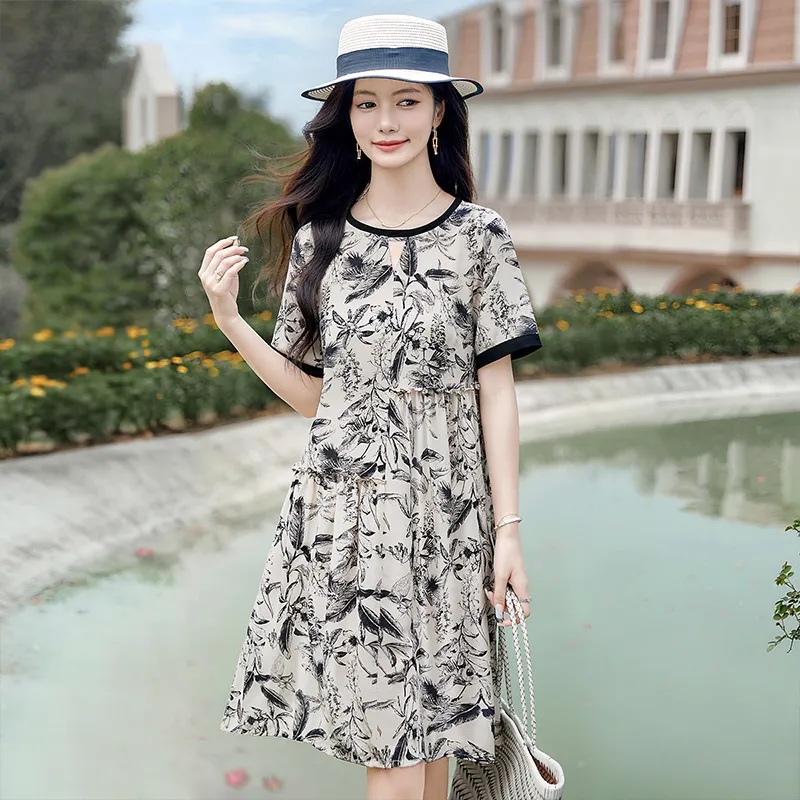 Cypress House Short Sleeved Dress Women's Beige With Black Floral-5