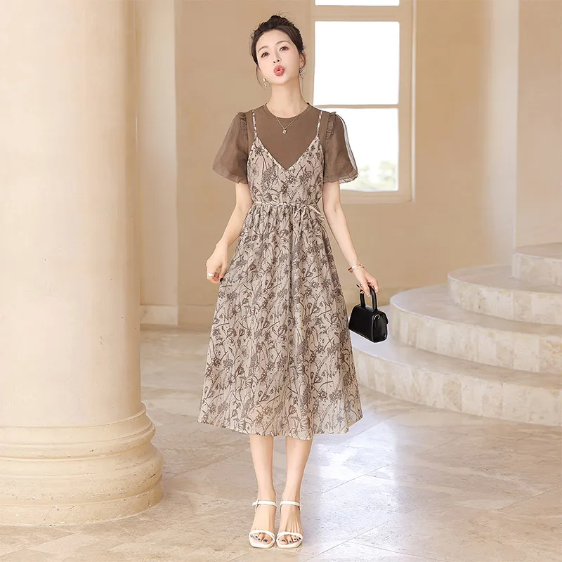 Cypress House Short Sleeved Dress Women's Dark Coffee With Beige And Floral-2