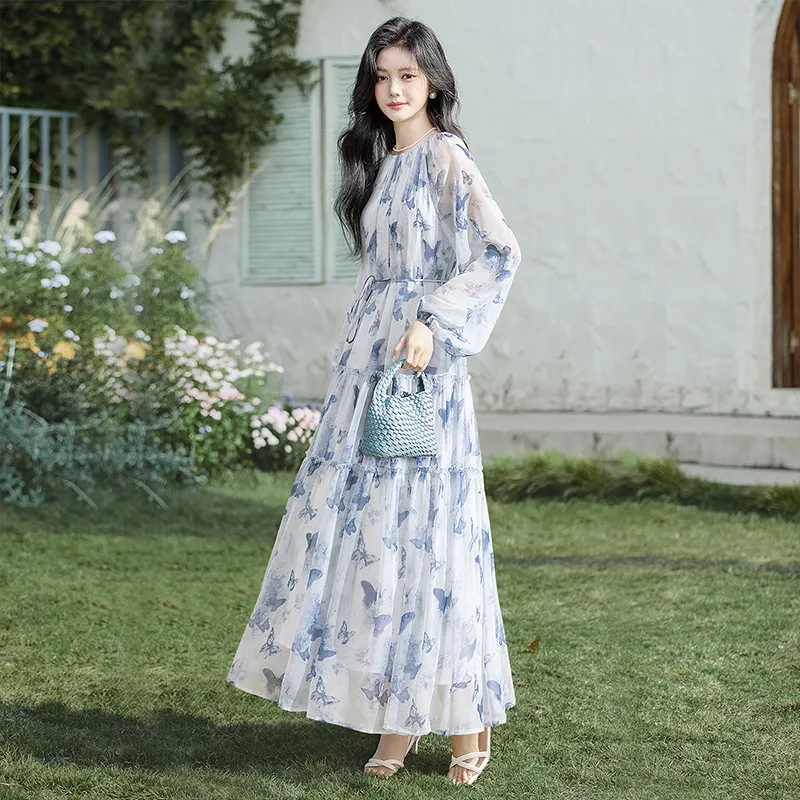 Cypress House Long Sleeved Dress Women's Blue Butterfly-3