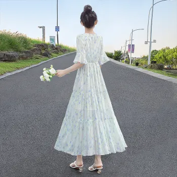 Cypress House Short Sleeved Dress Women's White With Blue Green Floral
