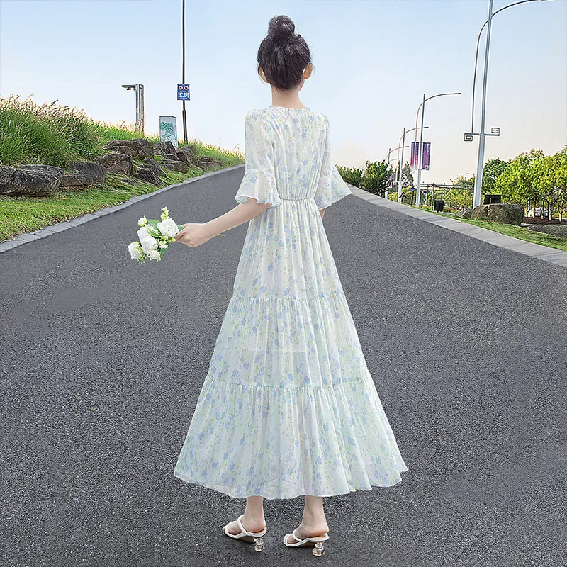 Cypress House Short Sleeved Dress Women's White With Blue Green Floral-1