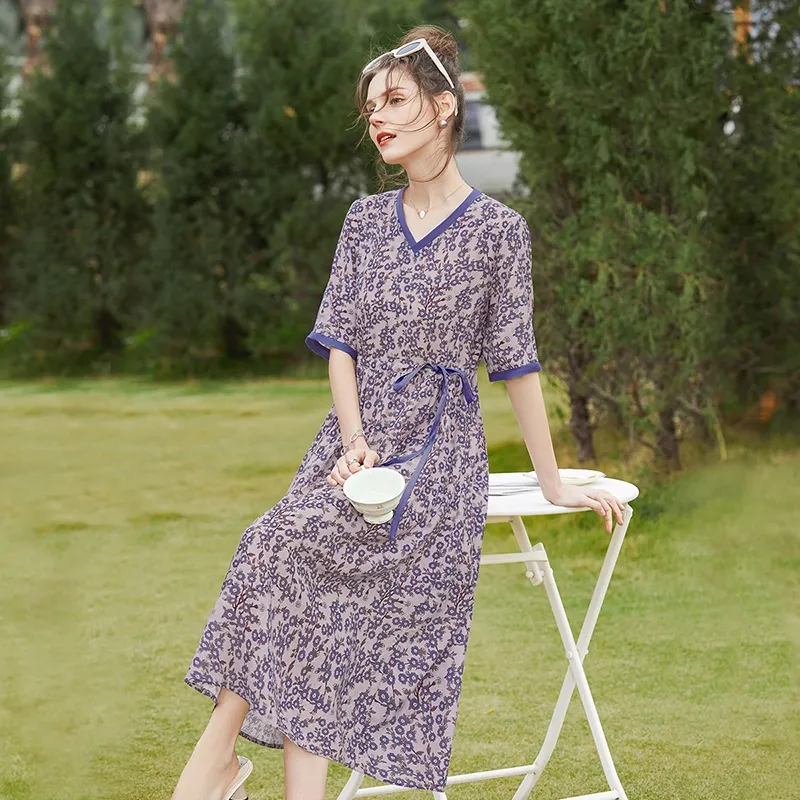 TOUCH SS24 Short-Sleeved Dresses Women's Pink Base With Purple Flowers-2