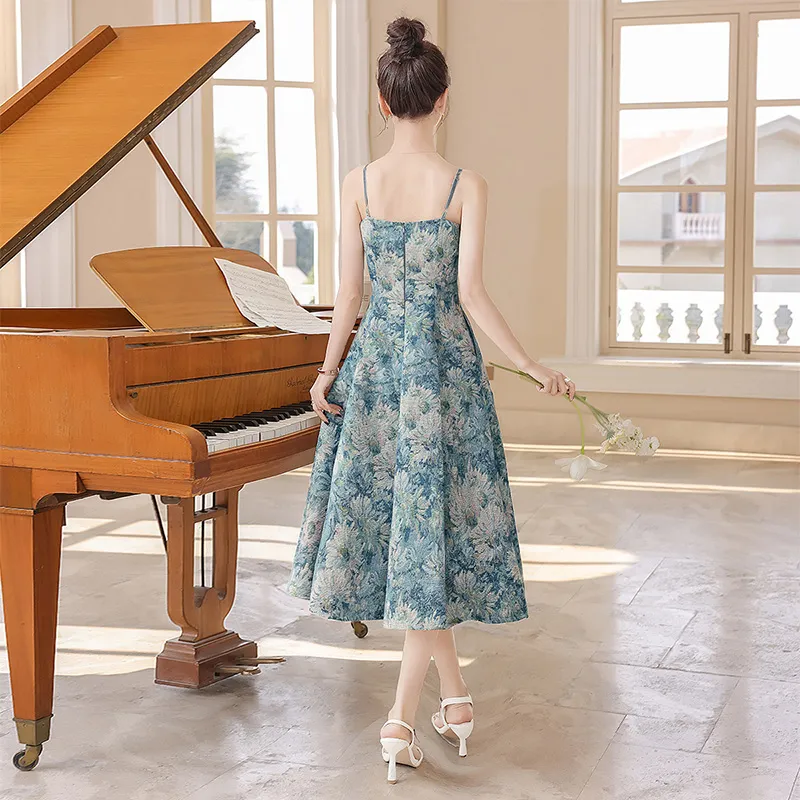 Cypress House Slip Dress Women's Blue Oil Paintings-1