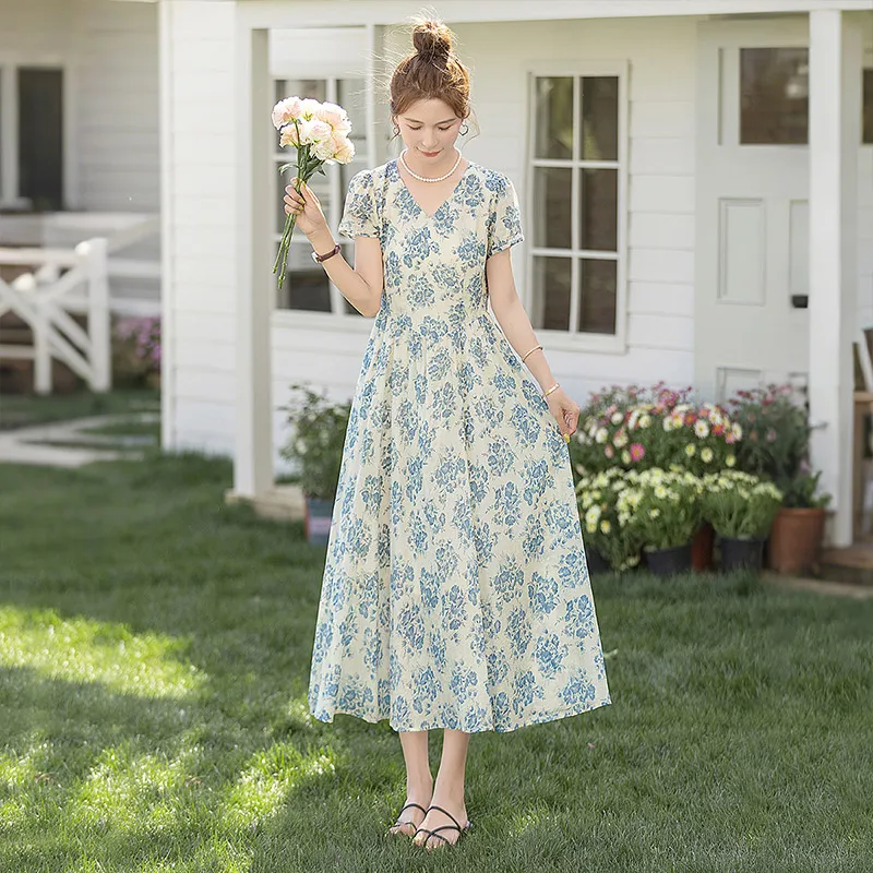 Cypress House Short Sleeved Dress Women's Blue Floral-3