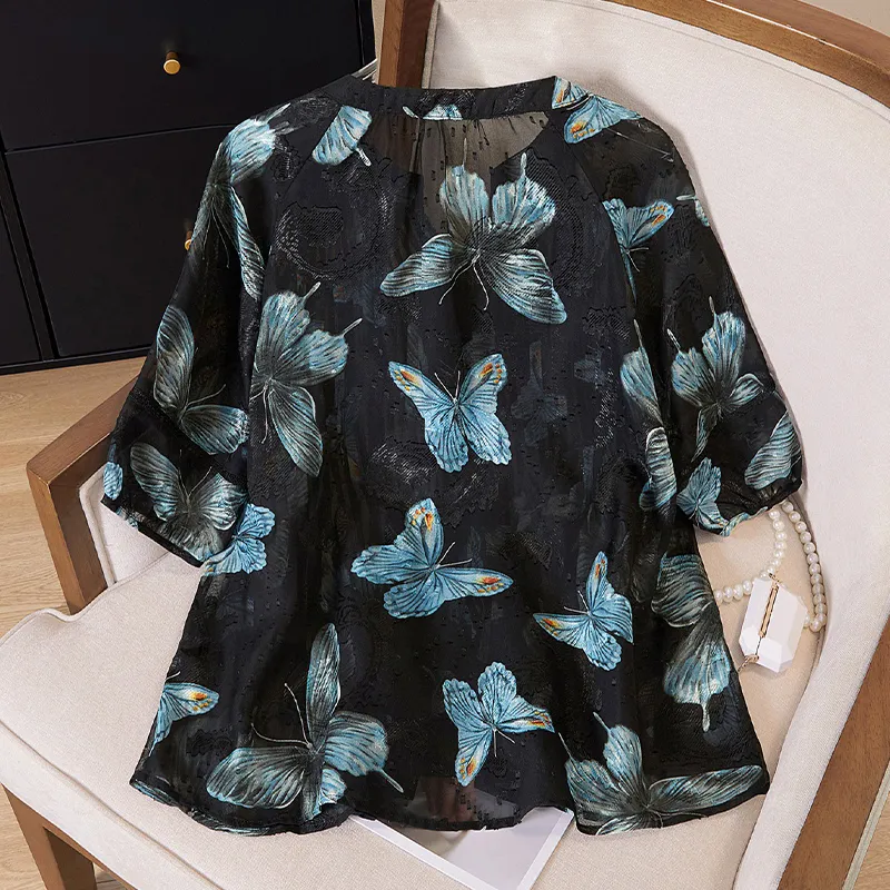 TOUCH Shirt Women's Black Blue Butterfly-6