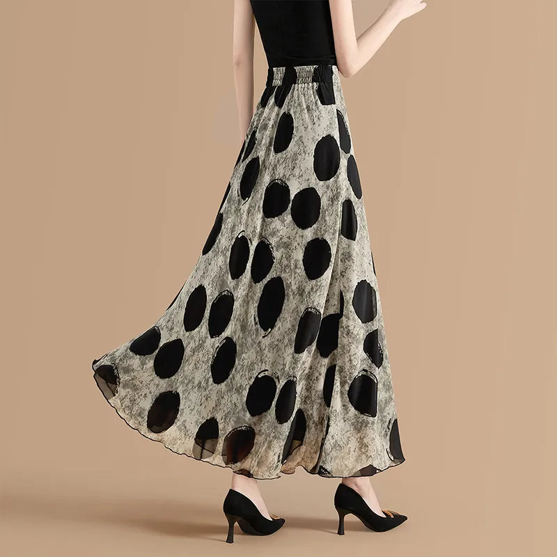 TOUCH Casual Long Skirt Women's Gray Green Black Polka Dot-2