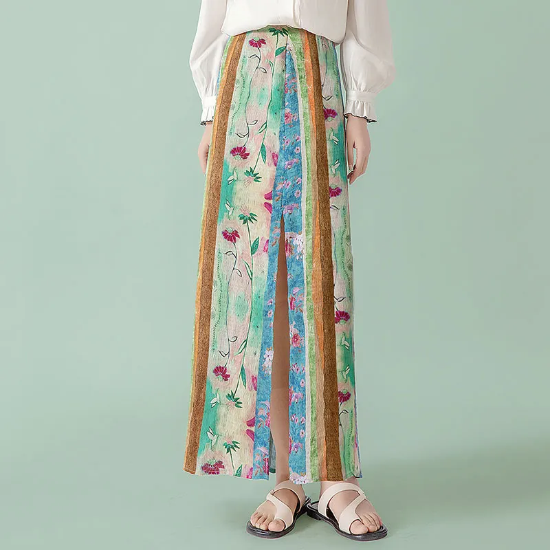 Cypress House Casual Long Skirt Women's Blue Green Stripes Flower-5
