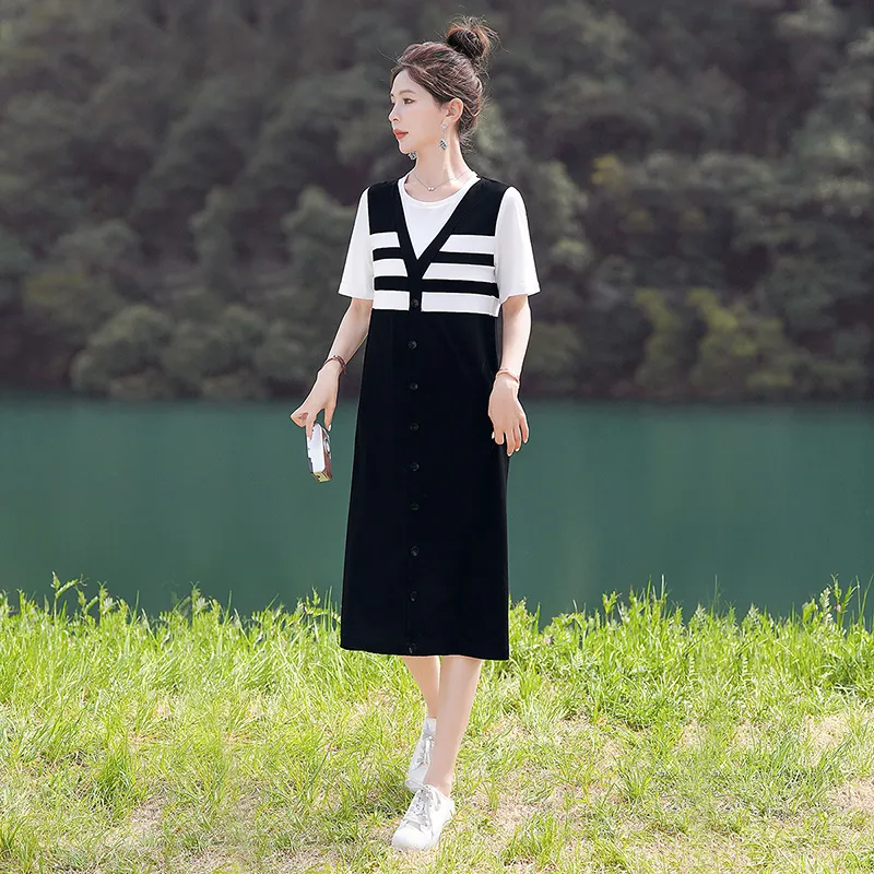 Cypress House Short-Sleeved Dresses Women's Black Background With White Stripes-5