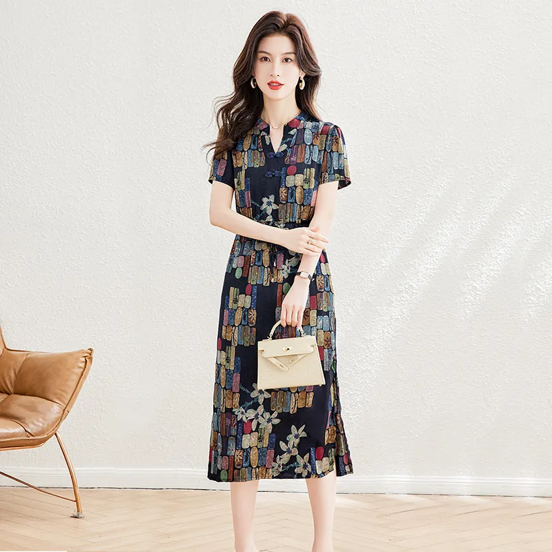 Cypress House Short-Sleeved Dresses Women's Black/Purple Base With Colorful Plaid Pattern-5