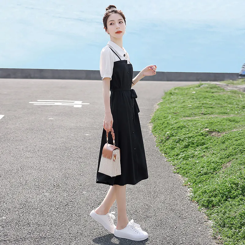 Cypress House Short Sleeved Dress Women's White Top And Black Bottom-5