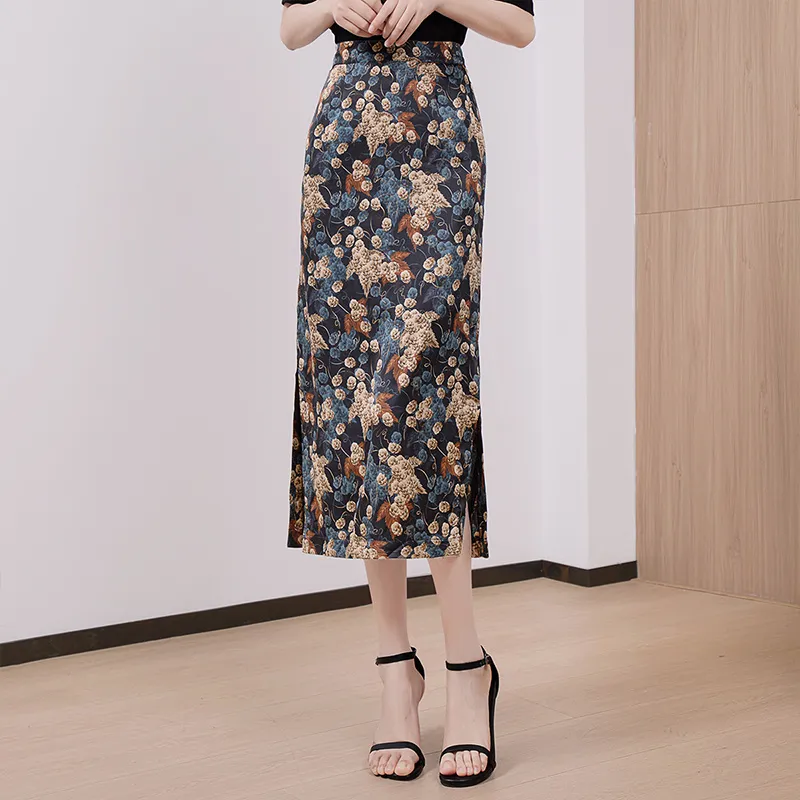 Cypress House Casual Long Skirts Women's Black Base With Beige And Blue Floral Pattern-6
