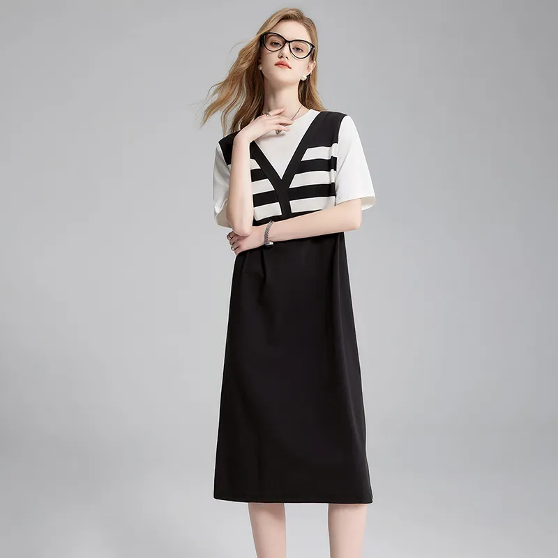 TOUCH Short Sleeved Dress Women's Black White Stripes & Black-3