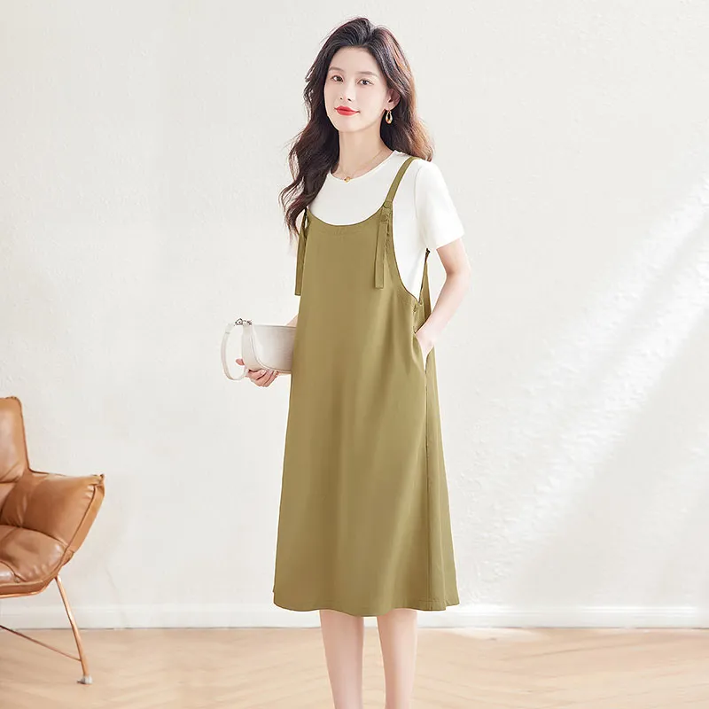 Cypress House Short Sleeved Dress Women's White Top Khaki Bottom-2