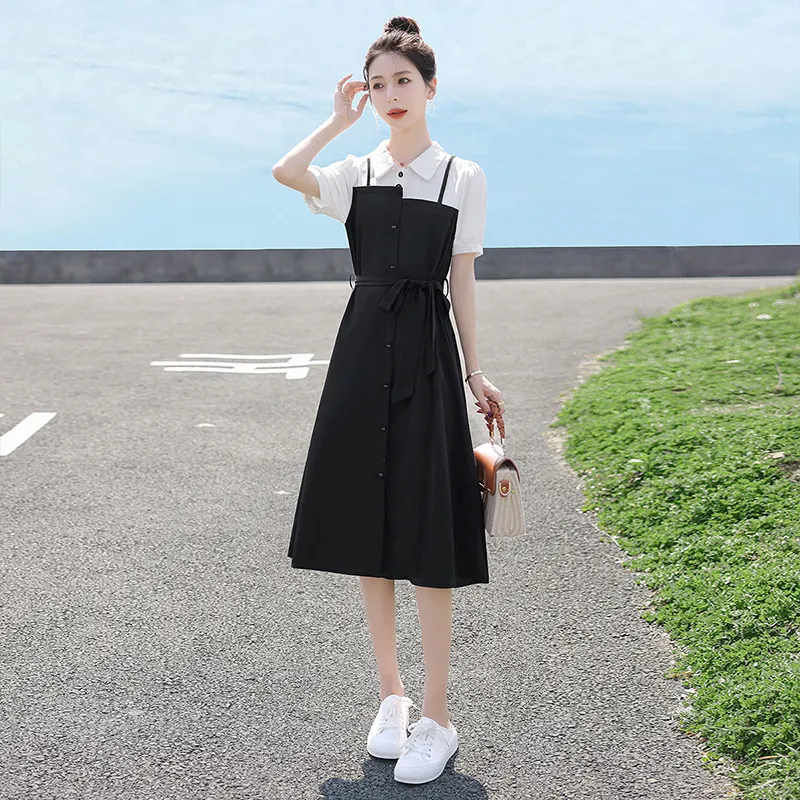 Cypress House Short Sleeved Dress Women's White Top And Black Bottom-2