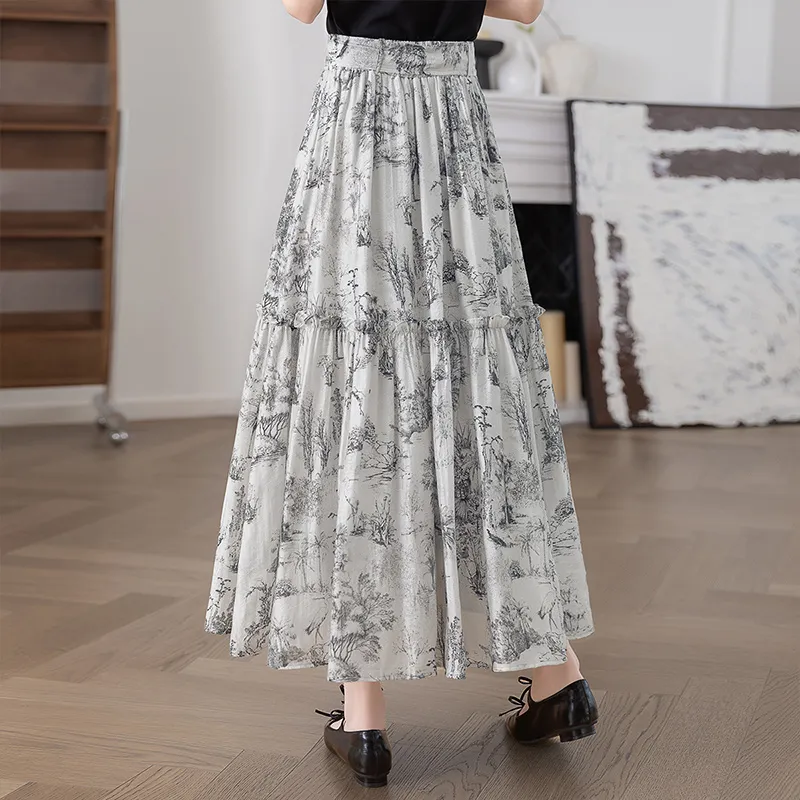 Cypress House Casual Long Skirt Women's Ink Wash Painting-3
