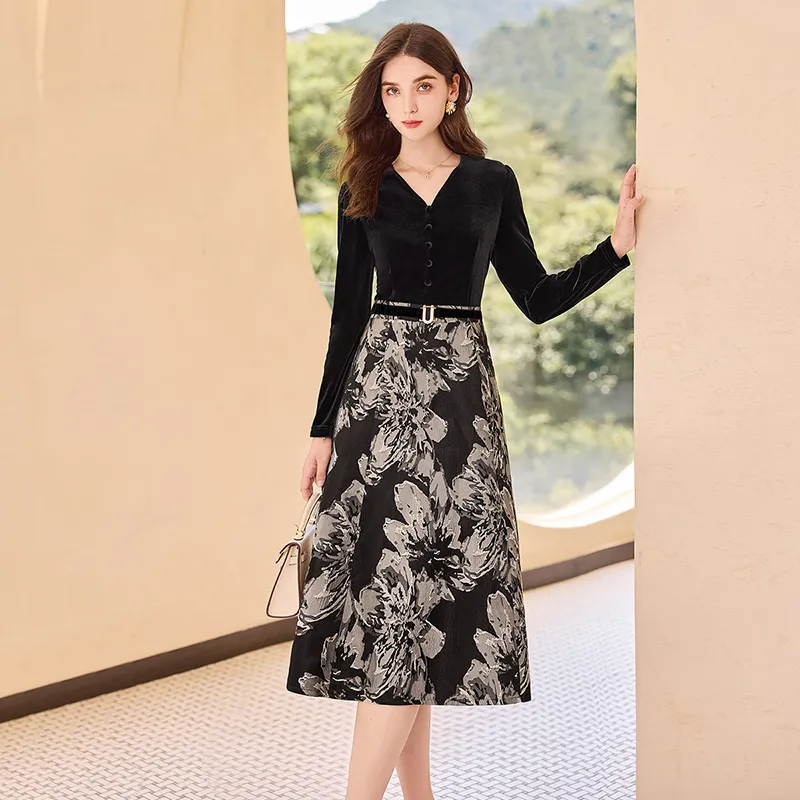 TOUCH Long Sleeved Dress Women's Black & Black With Beige Floral-2