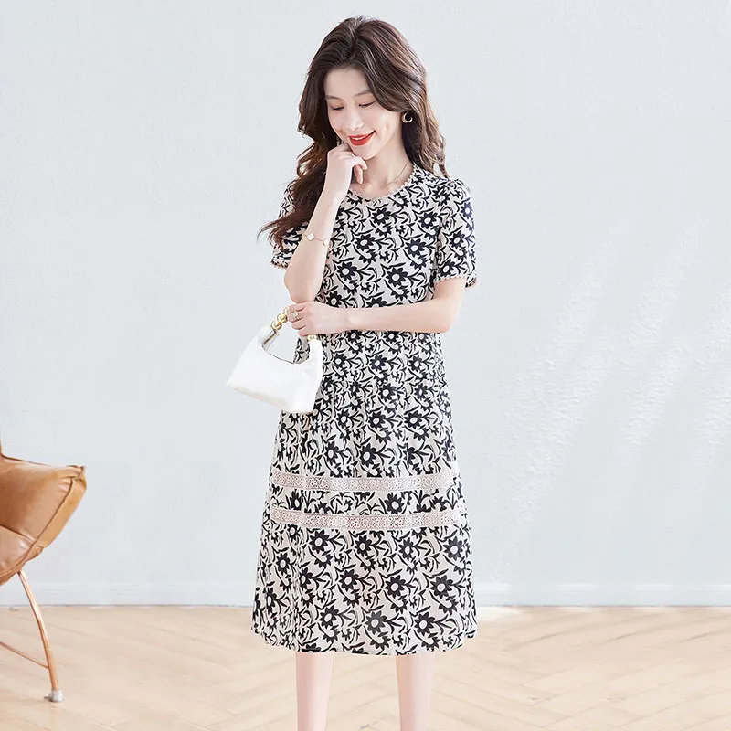 Cypress House Short-Sleeved Dresses Women's Apricot Base With Black Flowers-5