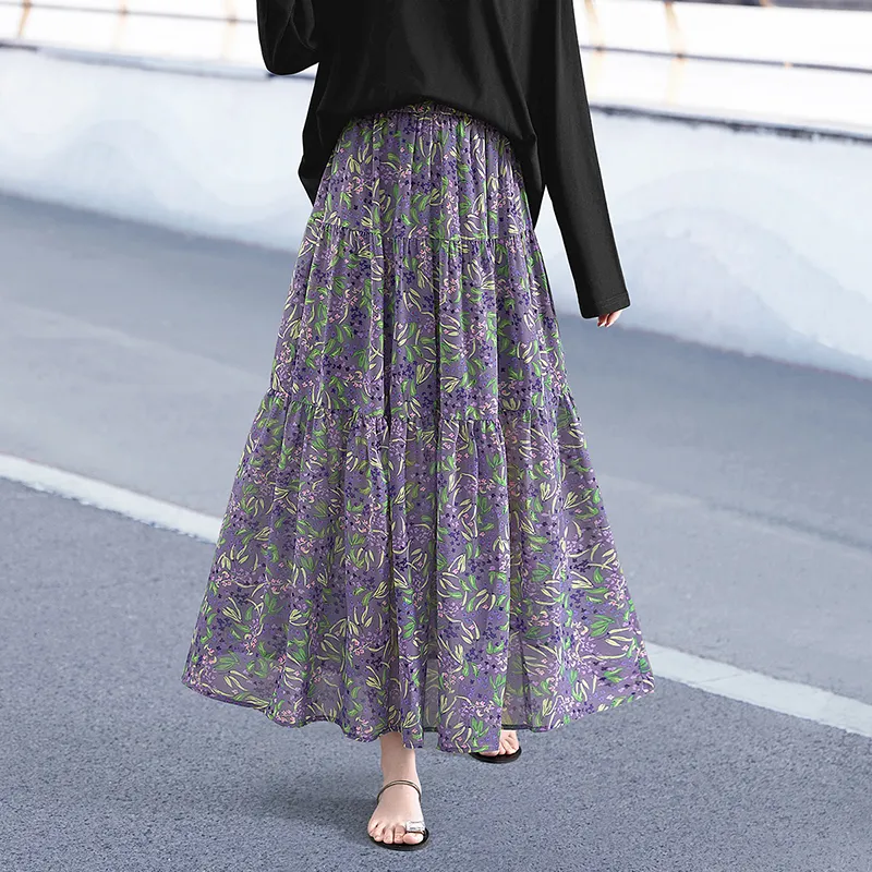 TOUCH Casual Long Skirt Women's Blue Floral-9