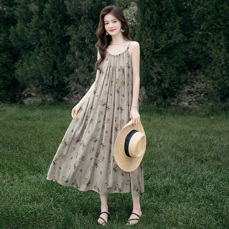 Cypress House Slip Dress Women's Khaki Base Yellow Purple Green Monogram-4