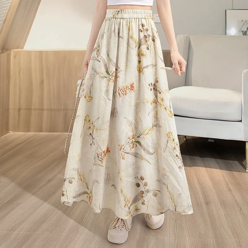 Cypress House Casual Long Skirt Women's Beige With Red Print-3