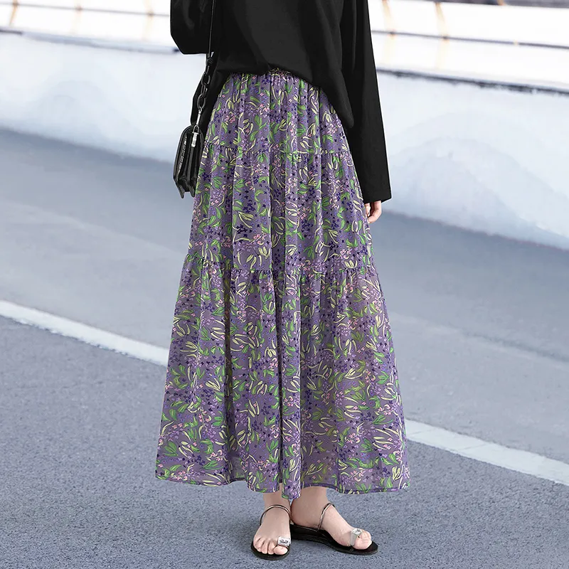 TOUCH Casual Long Skirt Women's Blue Floral-13