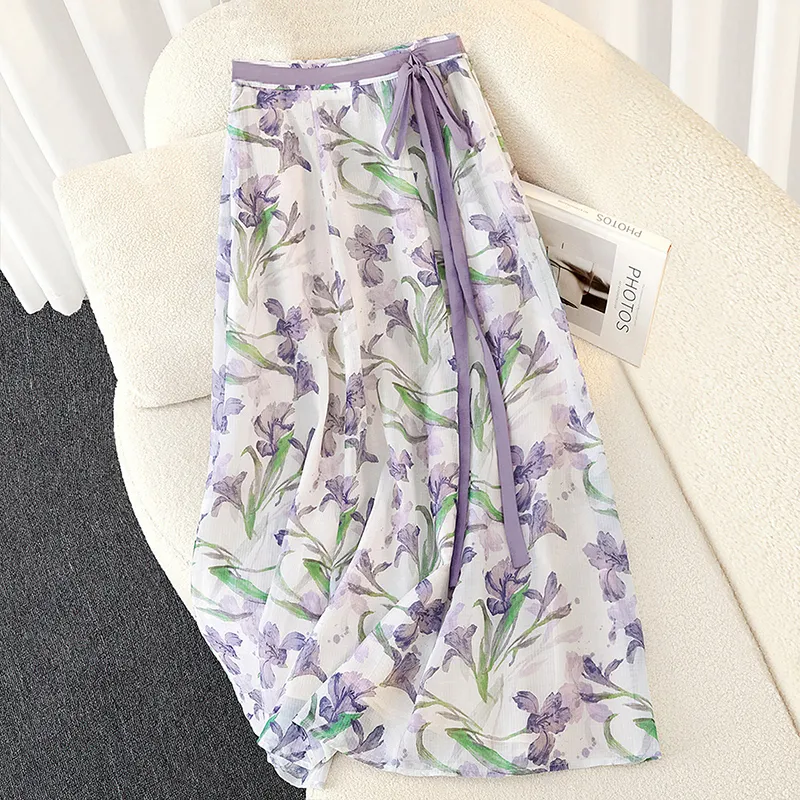 TOUCH Casual Long Skirt Women's Green Purple Multicolor-2