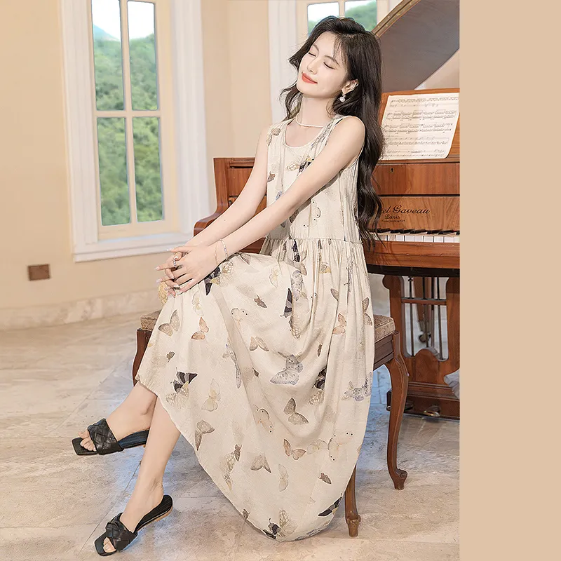 Cypress House Sleeveless Dress Women's Beige With Floral Butterfly-2