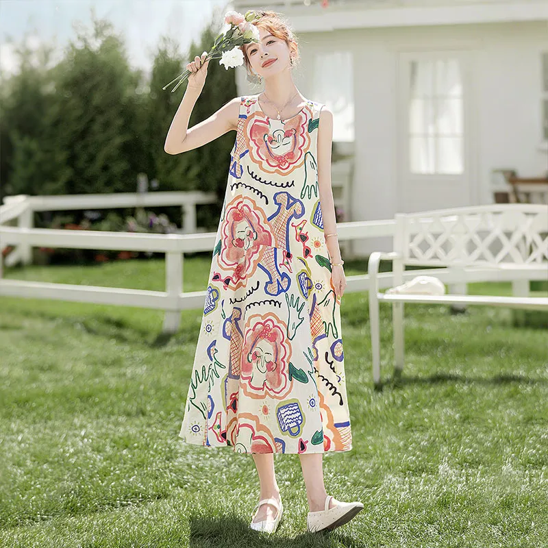 Cypress House Sleeveless Dress Women's Light Yellow Graffiti-5