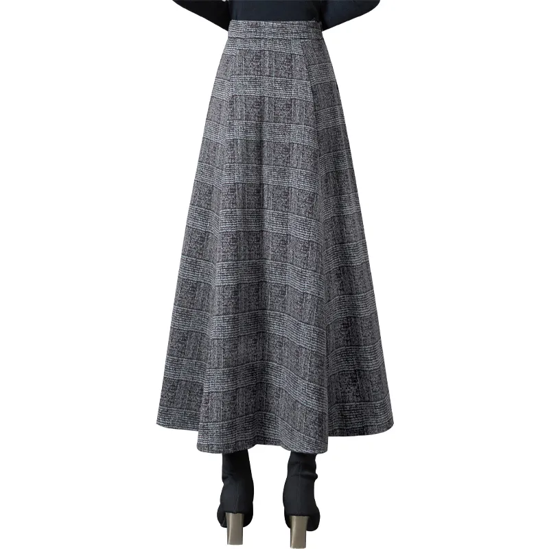 TOUCH Casual Long Skirts Women's Black Gray Plaid-1