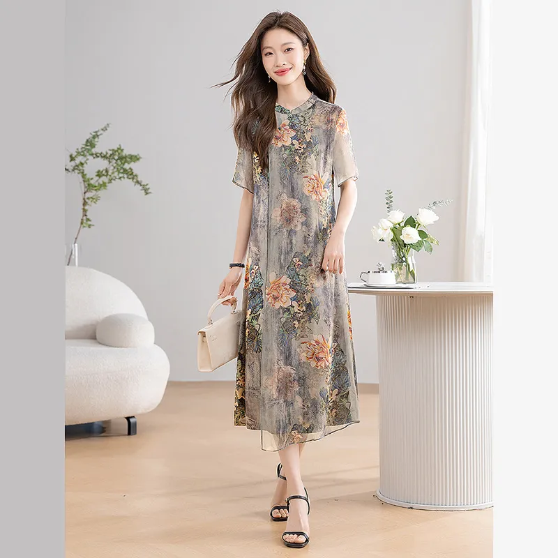 Cypress House Short-Sleeved Dresses Women's Gray Background With Orange Flowers-4