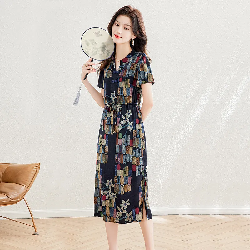 Cypress House Short-Sleeved Dresses Women's Black/Purple Base With Colorful Plaid Pattern-4