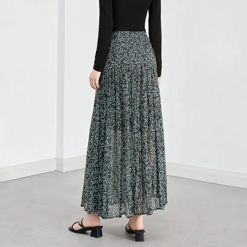 TOUCH Casual Long Skirt Women's Black Sole Green Leaf-3