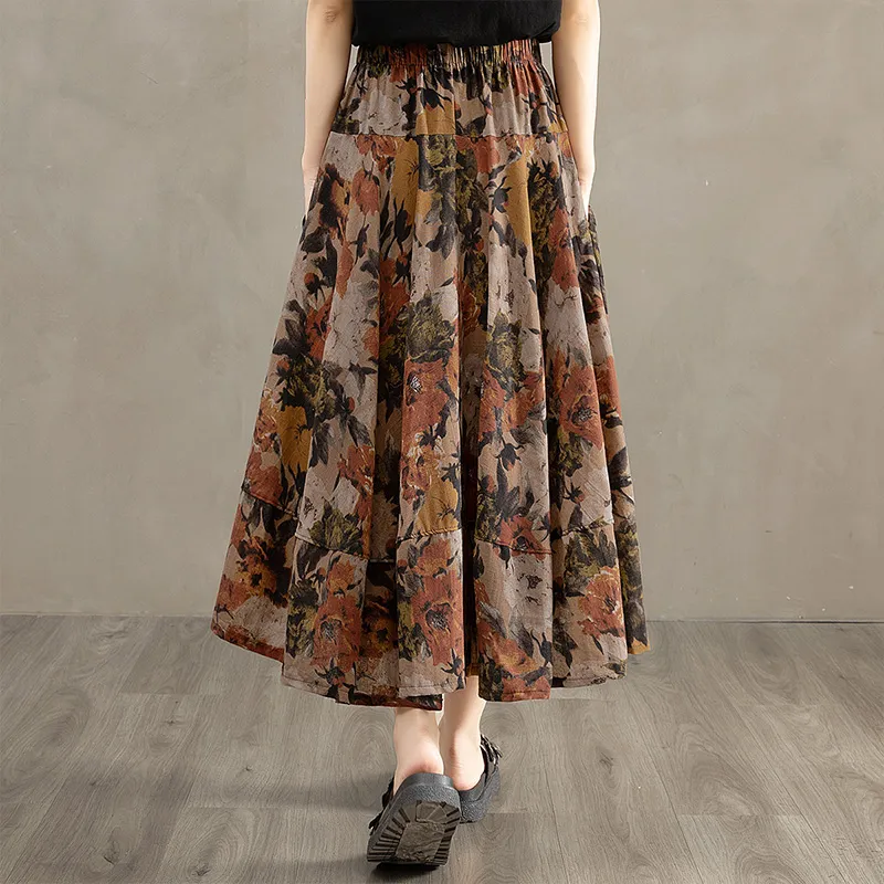 Cypress House Casual Long Skirts Women's Red And Yellow Flowers-3