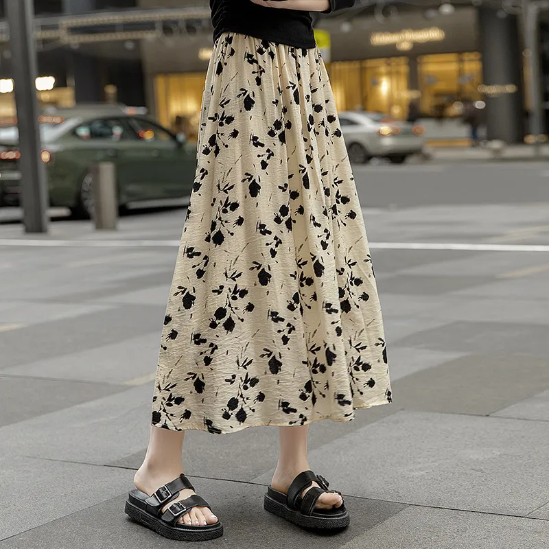 Cypress House Casual Long Skirts Women's Apricot With Black Flowers-5